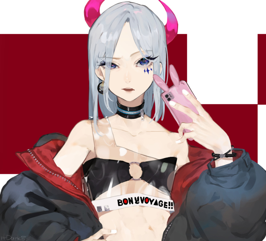 bare_shoulders black_bra black_choker black_jacket blue_eyes bra choker collarbone crop_top demon_horns earrings facial_mark female grey_hair hair_over_one_eye hand_on_own_hip hand_up highres holding holding_phone horns jacket jewelry looking_at_viewer medium_hair midriff nail_polish off_shoulder open_clothes open_jacket open_mouth original phone pink_horns puffy_sleeves see-through sleeveless solo type-alpha underwear upper_body white_nails