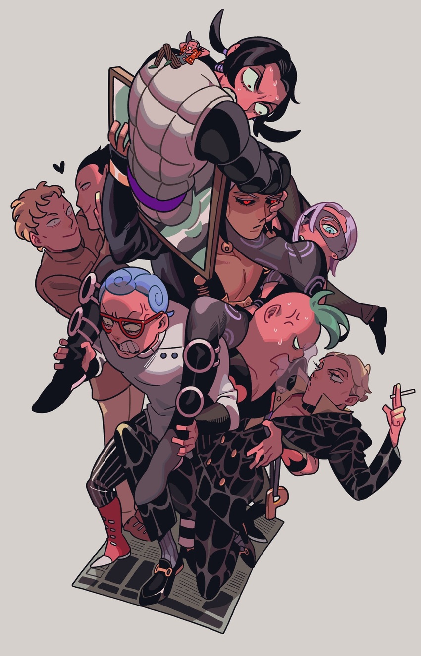 akira_kira angry black_hair blonde_hair blue_hair carrying clenched_teeth formaggio from_above gelato ghiaccio glasses green_hair highres hug hug_from_behind illuso jojo_no_kimyou_na_bouken melone mini_person miniboy mirror paper pesci piggyback prosciutto purple_hair red_eyes risotto_nero simple_background sorbet teeth vento_aureo