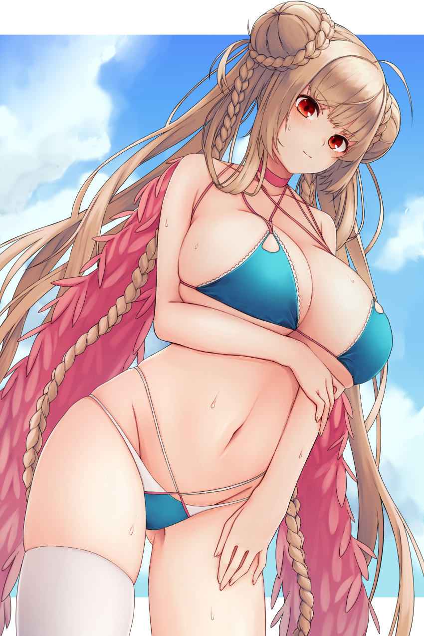 absurdres ahoge ass_visible_through_thighs azur_lane bikini blonde_hair blue_bikini blush braid breast_hold breasts cleavage closed_mouth collarbone commentary double_bun female formidable_(azur_lane) formidable_(the_lady_of_the_beach)_(azur_lane) groin hair_bun highleg highleg_bikini highres large_breasts long_hair looking_at_viewer multi-strapped_bikini_bottom multi-strapped_bikini_top multicolored_bikini multicolored_clothes nameko_houshi navel official_alternate_costume red_eyes single_thighhigh skindentation solo stomach string_bikini sweat swimsuit thighhighs thighs twintails v-shaped_eyebrows very_long_hair white_bikini white_thighhighs