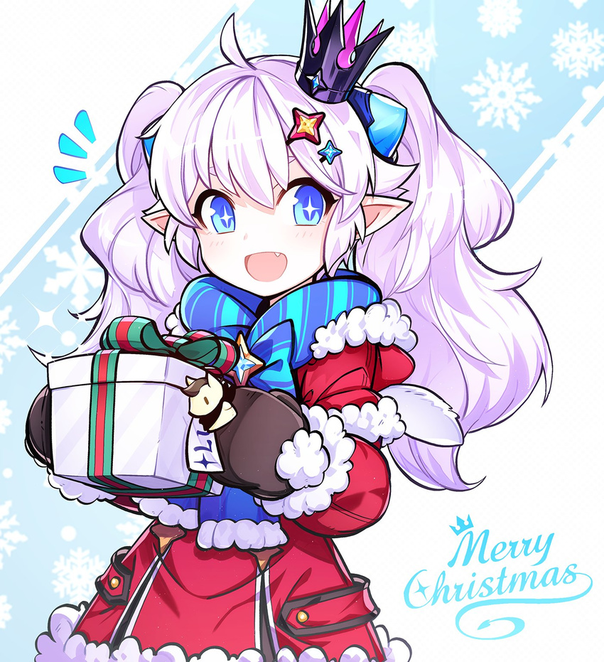 +_+ ^^^ ahoge alternate_costume bad_id bad_twitter_id blue_eyes blue_scarf blush box brown_gloves christmas crown demon_power_(elsword) elsword female fur_trim gift gift_box gloves highres holding holding_gift hwansang light_purple_hair long_hair luciela_r._sourcream merry_christmas mini_crown oerba_yun_fang open_mouth phoru_(elsword) pointy_ears santa_costume scarf smile solo symbol-shaped_pupils twintails upper_body