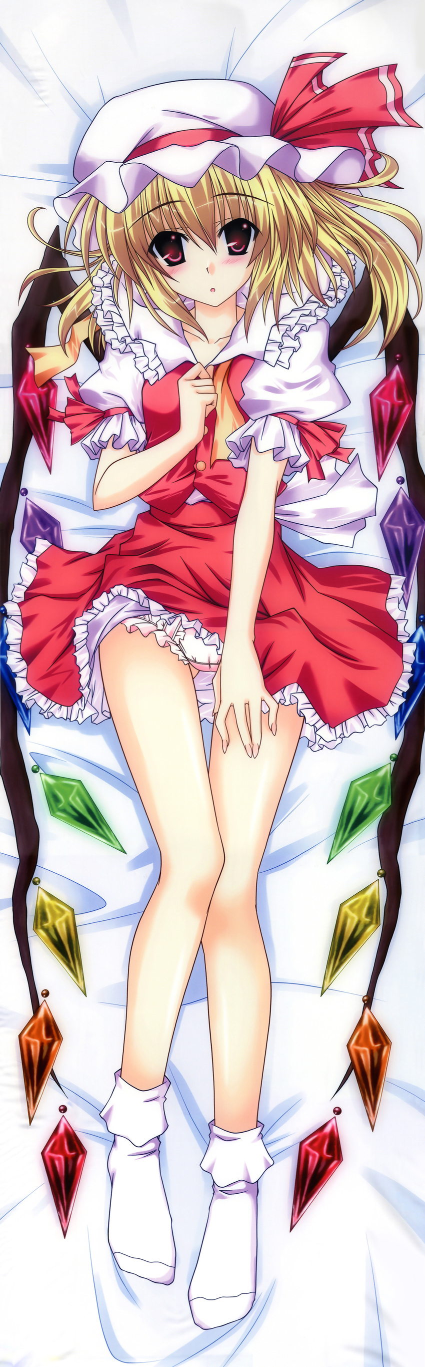 absurdres aoi_hiro bed_sheet blonde_hair blush dakimakura_(medium) female flandre_scarlet full_body hat highres panties red_eyes side_ponytail skirt slim_legs solo touhou underwear wings