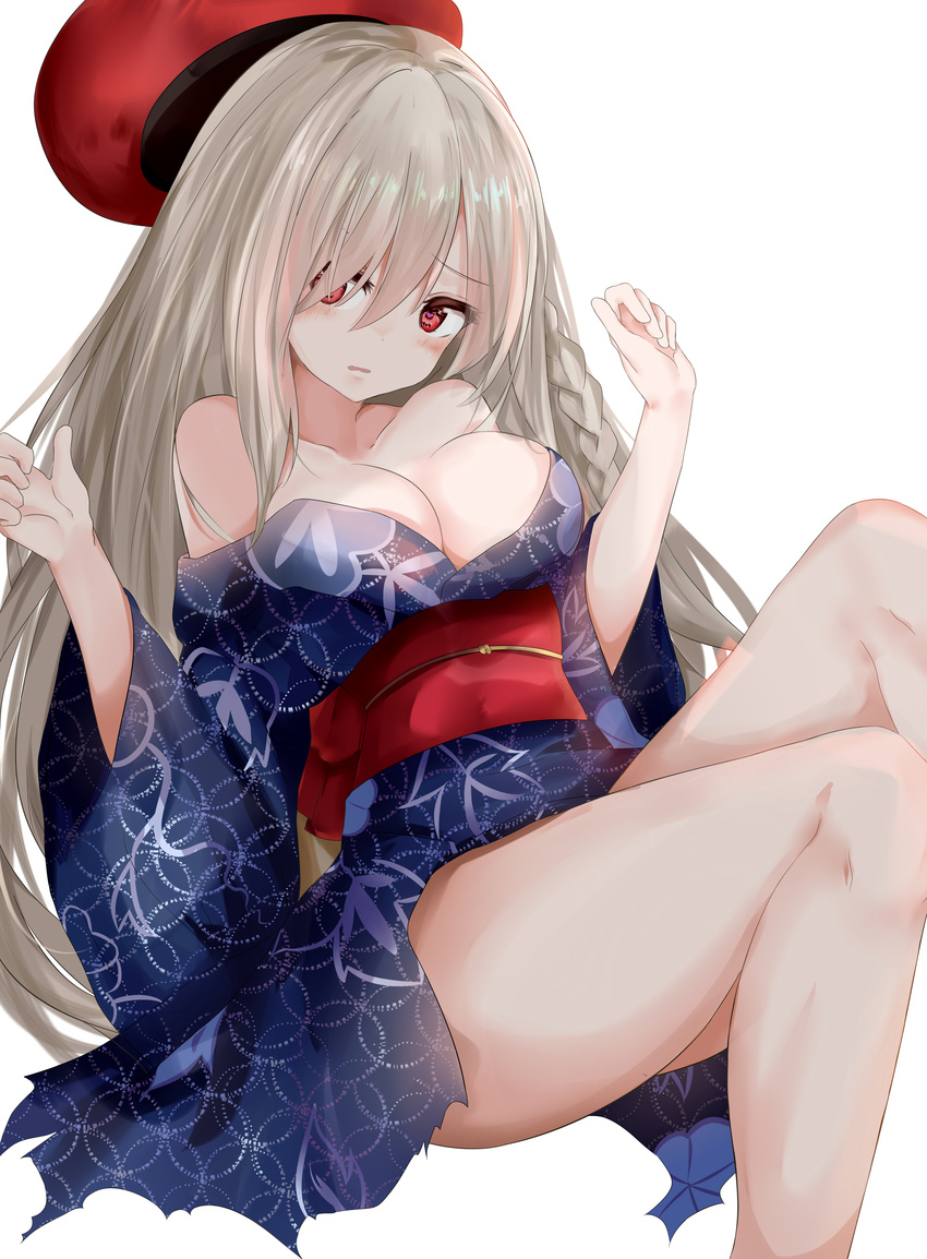 absurdres barefoot beret braid breasts closed_mouth collarbone commentary damaged female g36c_(girls'_frontline) g36c_(ode_to_summer)_(girls'_frontline) girls'_frontline grey_hair hair_over_one_eye hat head_tilt highres japanese_clothes kimono large_breasts long_hair looking_at_viewer obi off_shoulder official_alternate_costume red_eyes red_hair ru_zhai sash simple_background single_braid solo torn_clothes torn_kimono very_long_hair white_background