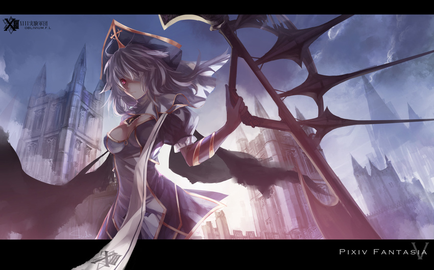 architecture bandages blue_hair blue_sky breasts cape cleavage commentary_request dress female gauntlets gothic_architecture hat letterboxed medium_breasts oblivium photoshop_(medium) pixiv_fantasia pixiv_fantasia_5 red_hair skade sky solo weapon