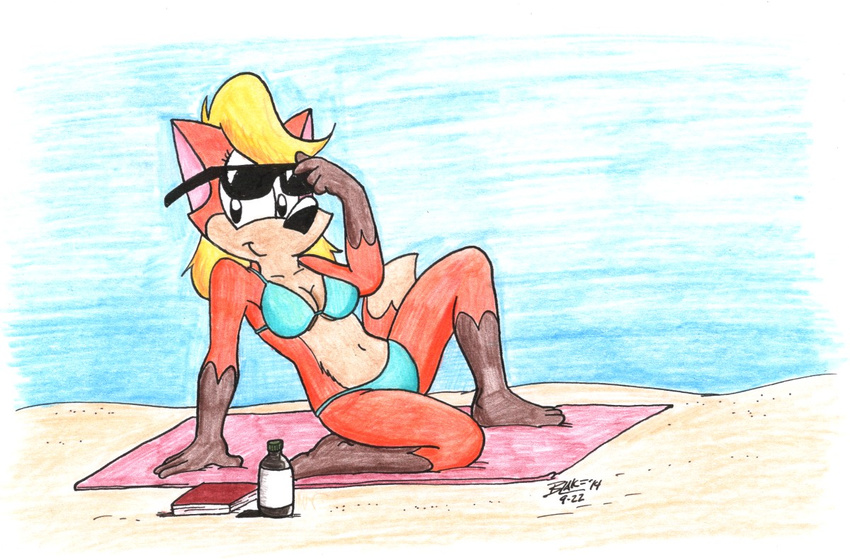 aimee_fizuth anthro beach bikini blonde_hair book breasts canid canine cleavage clothed clothing eyewear female fox hair looking_at_viewer mammal navel reclining robert_blake sand seaside sitting smile solo sunglasses swimwear towel world_of_fizz