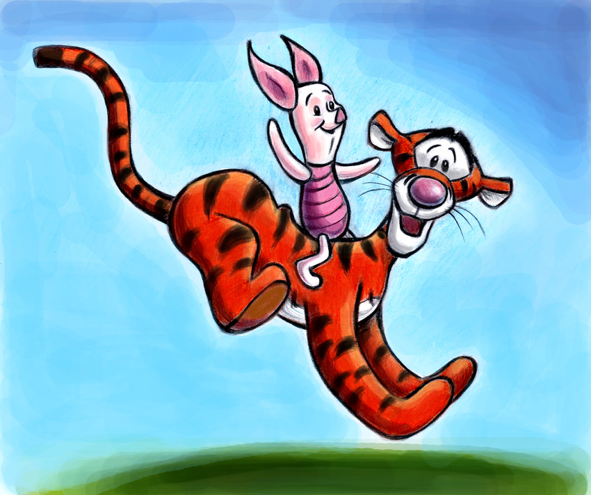 2015 ambiguous_gender beady_eyes carrying_another disney domestic_pig duo felid fur happy hi_res looking_at_viewer male mammal markings nude open_mouth open_smile orange_body orange_fur pantherine piggyback piglet pink_body running simple_background smile striped_body striped_fur striped_markings striped_tail stripes suid suina sus_(pig) tail tail_markings tiger tigger traditional_media_(artwork) whiskers winnie_the_pooh_(franchise) zdrer456