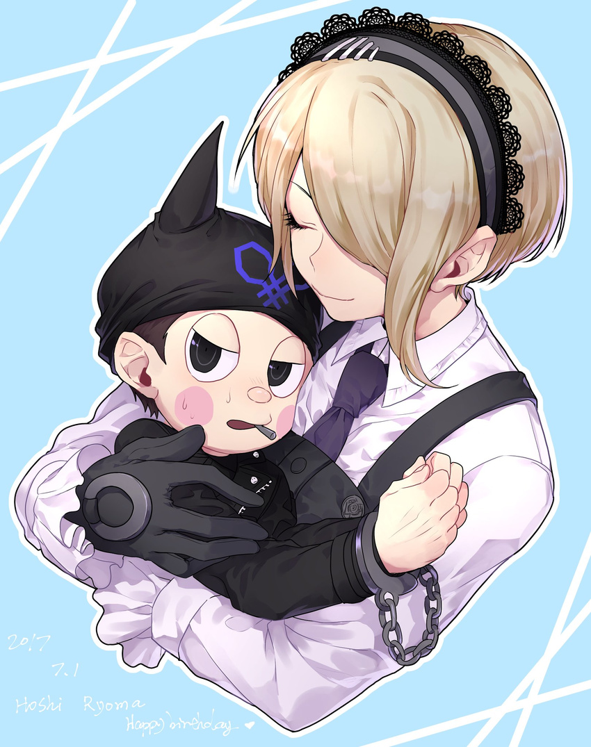 1boy bangs black_dress black_eyes black_gloves blonde_hair brown_hair buttons closed_eyes danganronpa dress duo female gloves hair_over_one_eye hairband hat headdress hoshi_ryouma hug jacket maid maid_headdress necktie new_danganronpa_v3 short_hair side_bangs smile tie toujou_kirumi