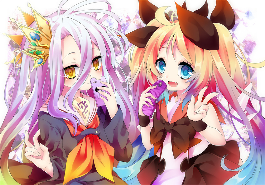 2girls :< :d blonde_hair blue_eyes cellphone commentary_request creator_connection crossover gradient_hair greed_packet_unlimited hair_between_eyes hair_ornament hair_ribbon highres holding kyouda_suzuka long_hair looking_at_viewer multicolored_hair multiple_girls no_game_no_life nokia open_mouth phone purple_hair ribbon school_uniform serafuku shiro_(no_game_no_life) smile twintails v wristband yellow_eyes