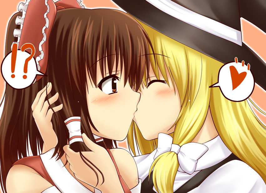 !? 2girls blonde_hair blush bow brown_hair closed_eyes commentary_request hair_tubes hakurei_reimu hat heart highres kirisame_marisa kissing multiple_girls portrait ribbon sazaki_hiyoru speech_bubble spoken_heart surprised touhou witch_hat yuri