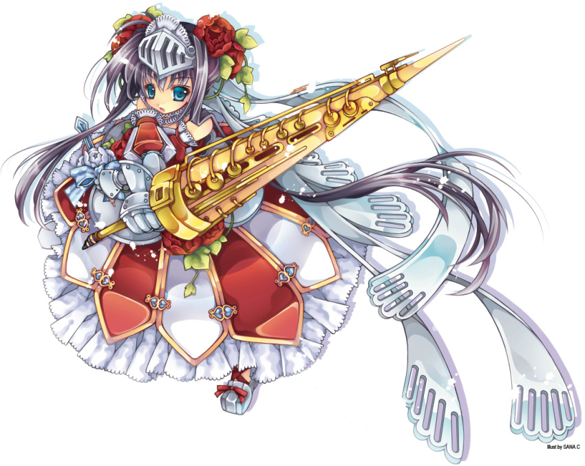 armor armored_dress bad_id bad_pixiv_id black_hair blue_eyes circle_skirt dress female flower frills full_body gathers gauntlets gloves hair_flower hair_ornament helmet instrument knight lace long_hair original photoshop_(medium) red_flower red_rose ribbon rose sana.c shoes simple_background solo sword twintails visor_(armor) weapon weaponized_instrument white_background