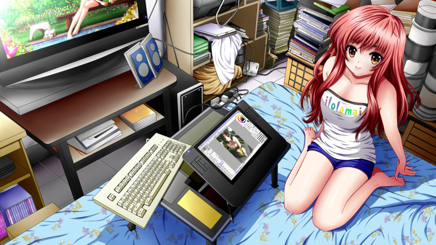 artist_name bare_shoulders bed bed_sheet blue_shorts book breasts cd cd_case closed_mouth clothes_writing collarbone commentary computer computer_keyboard desk dvd_case female flat_screen_tv floor hair_between_eyes ilolamai indoors long_hair looking_at_viewer medium_breasts monitor original photoshop_(medium) red_hair shirt shorts sleeveless smile solo speaker television white_shirt wire yellow_eyes