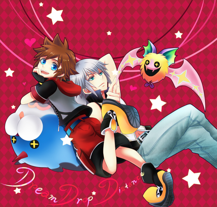 2boys bad_id bad_pixiv_id blue_eyes brown_hair cu_be dream_eater_(kingdom_hearts) fingerless_gloves gloves green_eyes grey_hair kingdom_hearts kingdom_hearts_3d_dream_drop_distance koumori_bat male_focus midriff multiple_boys painttool_sai_(medium) riku_(kingdom_hearts) sora_(kingdom_hearts) spoilers wondernyan_(kingdom_hearts)