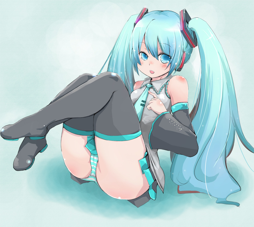 bad_id bad_pixiv_id blue_eyes blue_hair blush bow commentary_request detached_sleeves female hairbow haruyukiko hatsune_miku long_hair lying panties photoshop_(medium) solo striped_clothes striped_panties thighhighs twintails underwear vocaloid