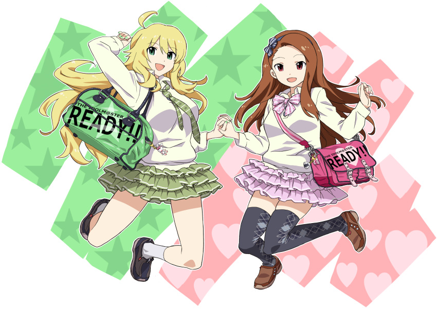 2girls ahoge argyle_clothes argyle_legwear bag black_thighhighs blonde_hair bow bowtie brown_hair commentary_request frills green_eyes green_skirt heart highres hisakawa_riho holding_hands hoshii_miki idolmaster idolmaster_(classic) interlocked_fingers layered_skirt long_hair minase_iori miniskirt multiple_girls nail_polish necktie open_mouth purple_skirt red_eyes school_bag skirt smile socks star_(symbol) sweater thighhighs white_legwear