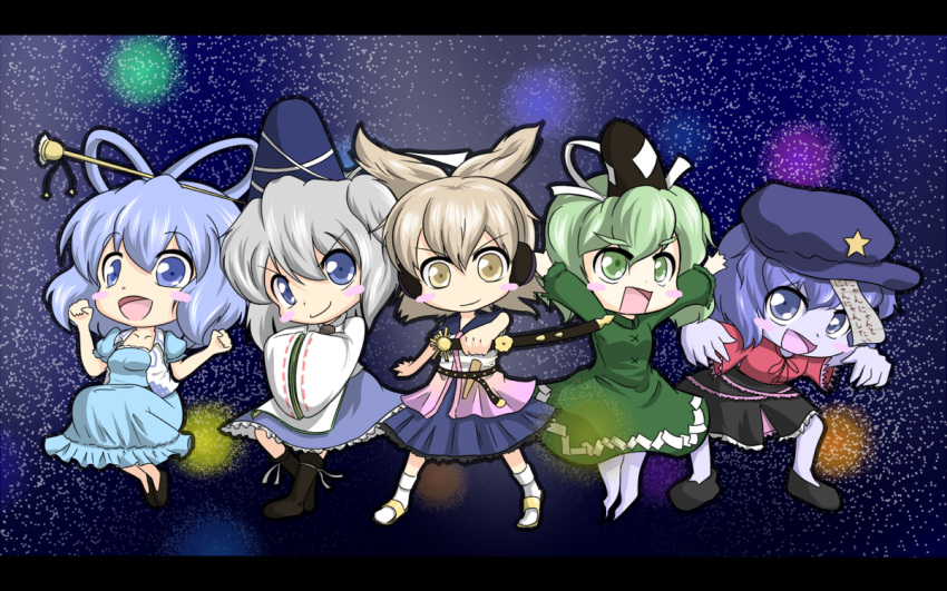 5girls arms_up belt beret blonde_hair blue_dress blue_eyes blue_hair blush_stickers chibi commentary_request dress earmuffs everyone green_dress green_eyes green_hair hair_ornament hair_rings hair_stick hat hat_ornament hinate japanese_clothes jiangshi jumping kaku_seiga kariginu letterboxed lights miyako_yoshika mononobe_no_futo multiple_girls ofuda open_mouth outstretched_arms shirt skirt smile soga_no_tojiko star_(symbol) star_hat_ornament sword ten_desires touhou toyosatomimi_no_miko vest weapon yellow_eyes zombie_pose