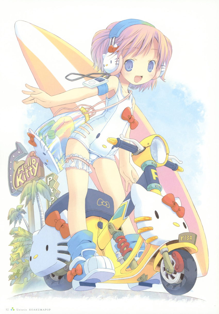 :d absurdres armband artbook bag blue_eyes blue_socks blush bridal_garter digital_media_player female flat_chest handbag headphones hello_kitty highres motor_vehicle motorcycle non-web_source one-piece_swimsuit open_mouth palm_tree pop_(electromagneticwave) project_witch red_hair ribbon sanrio school_swimsuit shoes short_hair short_twintails smile sneakers socks solo surfboard swimsuit tree twintails white_one-piece_swimsuit