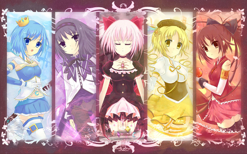 5girls akemi_homura akemi_homura_(magical_girl) apple armband black_hair blonde_hair blue_eyes blue_hair cape closed_eyes column_lineup commentary_request compilation crescent crown drill_hair food fruit gloves hair_ornament hairband hat kaname_madoka kaname_madoka_(magical_girl) long_hair mahou_shoujo_madoka_magica mahou_shoujo_madoka_magica_(anime) miki_sayaka miki_sayaka_(magical_girl) miniskirt multiple_girls navel open_mouth panties panties_under_pantyhose pantyhose pink_hair ponytail purple_hair red_eyes red_hair sakura_kyoko sakura_kyoko_(magical_girl) short_hair skirt sword tenhi_tsukitori thighhighs tomoe_mami tomoe_mami_(magical_girl) twin_drills twintails underwear weapon yellow_eyes