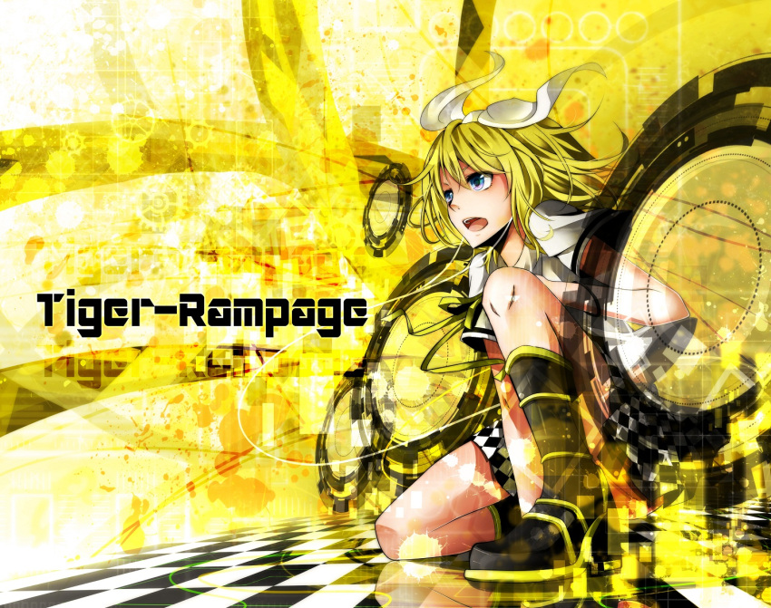 black_skirt blonde_hair blue_eyes boots checkered_clothes checkered_skirt commentary_request female hair_ribbon kagamine_rin miniskirt nou_(nounknown) pleated_skirt ribbon short_hair skirt solo tiger_rampage_(vocaloid) vocaloid