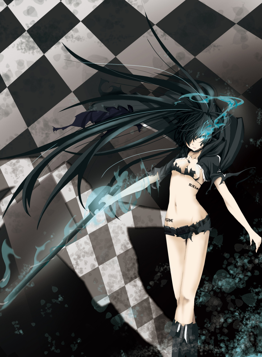 absurdres bikini bikini_top_only black_hair black_rock_shooter black_rock_shooter_(character) black_rock_shooter_(game) blue_eyes boots commentary_request female flaming_eye hair_over_one_eye highres long_hair midriff navel ruruta scar shorts solo stella_(black_rock_shooter) swimsuit sword torn_clothes twintails very_long_hair weapon