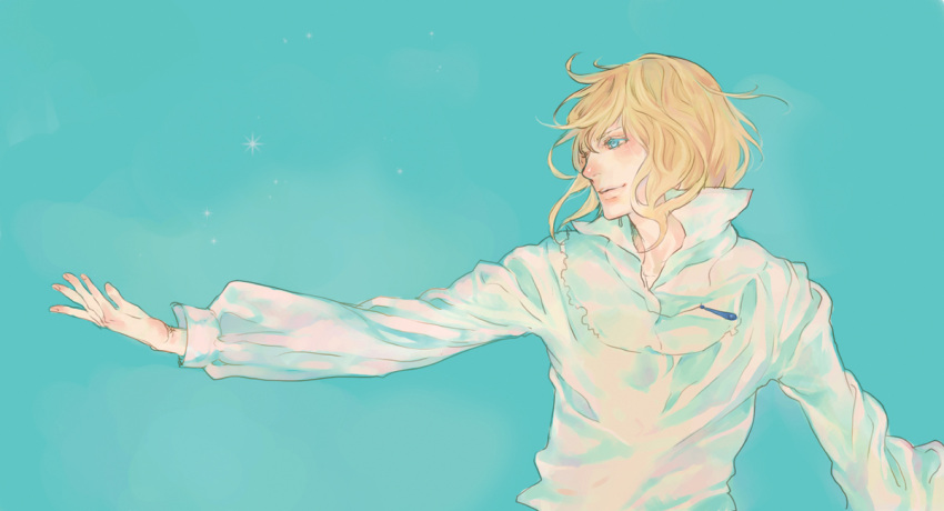 1boy blonde_hair commentary_request howl_(howl_no_ugoku_shiro) howl_no_ugoku_shiro male_focus npn outstretched_arm partial_commentary shirt solo white_shirt