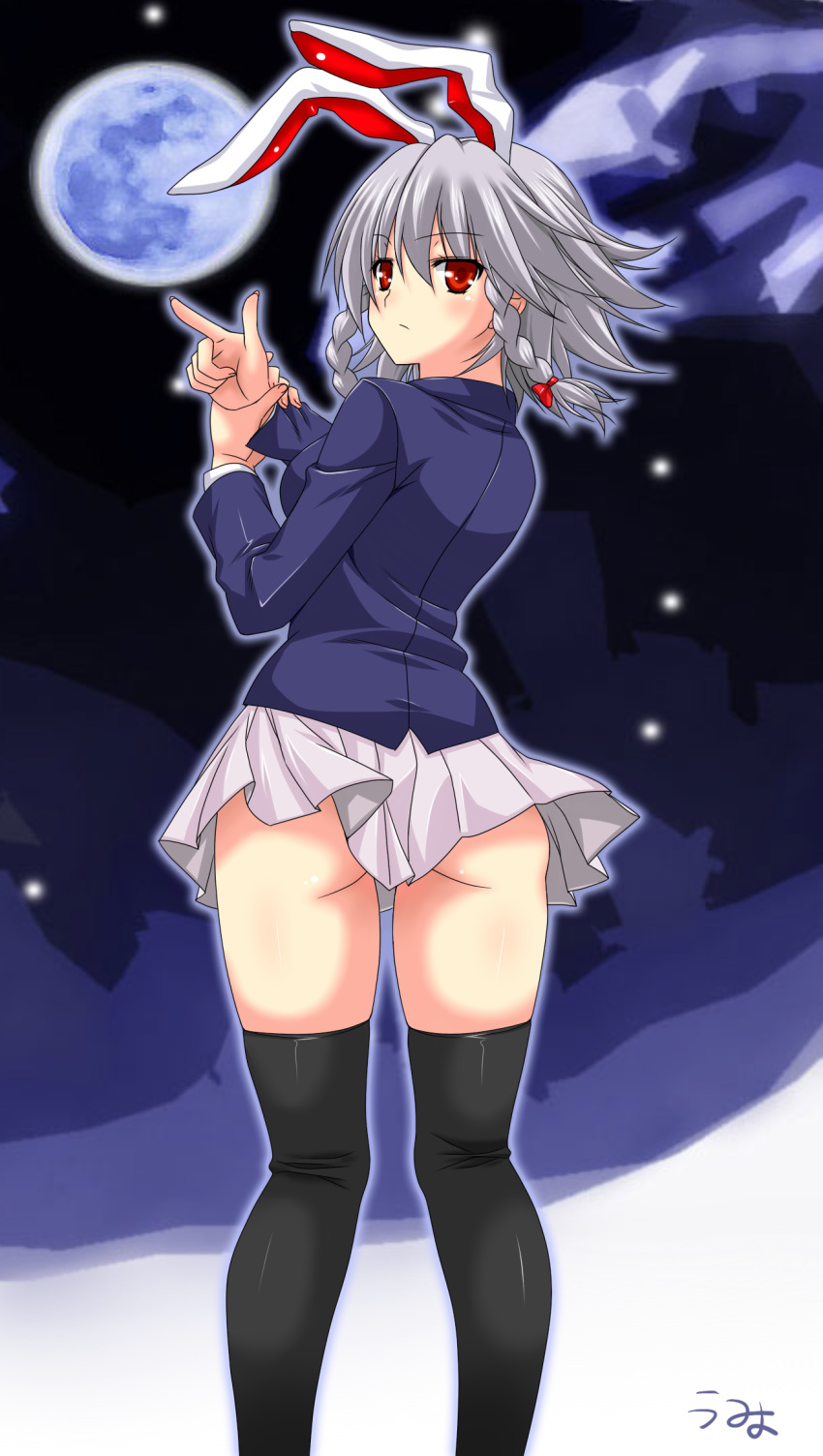 animal_ears ass black_thighhighs braid commentary_request cosplay female finger_gun full_moon grey_hair hair_ribbon highres holding_own_wrist izayoi_sakuya looking_back miniskirt moon night rabbit_ears red_eyes reisen_udongein_inaba reisen_udongein_inaba_(cosplay) ribbon shirt skirt solo standing thighhighs thighs touhou twin_braids umyonge_(lkakeu)