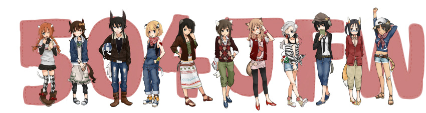 504th_joint_fighter_wing 6+girls angela_salas_larrazabal animal_ears argyle_clothes argyle_legwear belt beret bird_girl bird_tail black_hair blonde_hair blowing_bubbles boots brown_hair casual cat_ears cat_girl cat_tail chewing_gum chikiso commentary_request contemporary dog_ears dog_girl dog_tail dominica_s._gentile earrings everyone federica_n._doglio fernandia_malvezzi fox_ears fox_girl fox_tail glasses grey_hair hat head_wings headphones helmet highres horse_ears horse_girl horse_tail jane_t._godfrey jewelry leggings luciana_mazzei marmot_ears marmot_girl marmot_tail martina_crespi multiple_girls nakajima_nishiki one_eye_closed orange_hair patricia_schade ribbon shoes sneakers strike_witches:_kurenai_no_majo-tachi suwa_amaki tail takei_junko thighhighs watch wings world_witches_series zettai_ryouiki