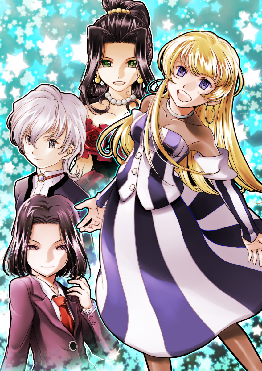 4girls androgynous black_hair blonde_hair commentary_request dress earrings flower formal green_eyes grey_hair hair_ornament highres jewelry kujou_subaru kurokawa_ako leni_milchstrasse long_hair making-of_available multiple_girls necklace necktie open_mouth painttool_sai_(medium) purple_eyes ratchet_altair rose sakura_taisen sakura_taisen_ii sakura_taisen_v short_hair smile soletta_orihime striped suit vertical_stripes white_hair