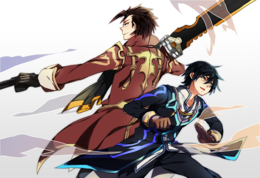 2boys alvin_(tales) ascot black_hair brown_eyes brown_hair clenched_hand coat commentary_request dual_wielding gloves gun holding jude_mathis male_focus messy_hair multiple_boys pants profile smile smoke subaru_(hz) sword tales_of_(series) tales_of_xillia weapon