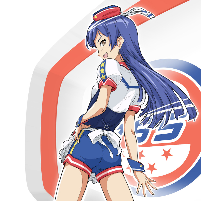 :d ass blue_hair blue_shorts brown_eyes burger_skater_(idolmaster) commentary_request cowboy_shot female from_behind hand_on_own_hip hat highres idolmaster idolmaster_(classic) kisaragi_chihaya long_hair looking_at_viewer looking_back open_mouth puffy_short_sleeves puffy_sleeves short_sleeves shorts smile solo takahashi_ren uniform wrist_cuffs