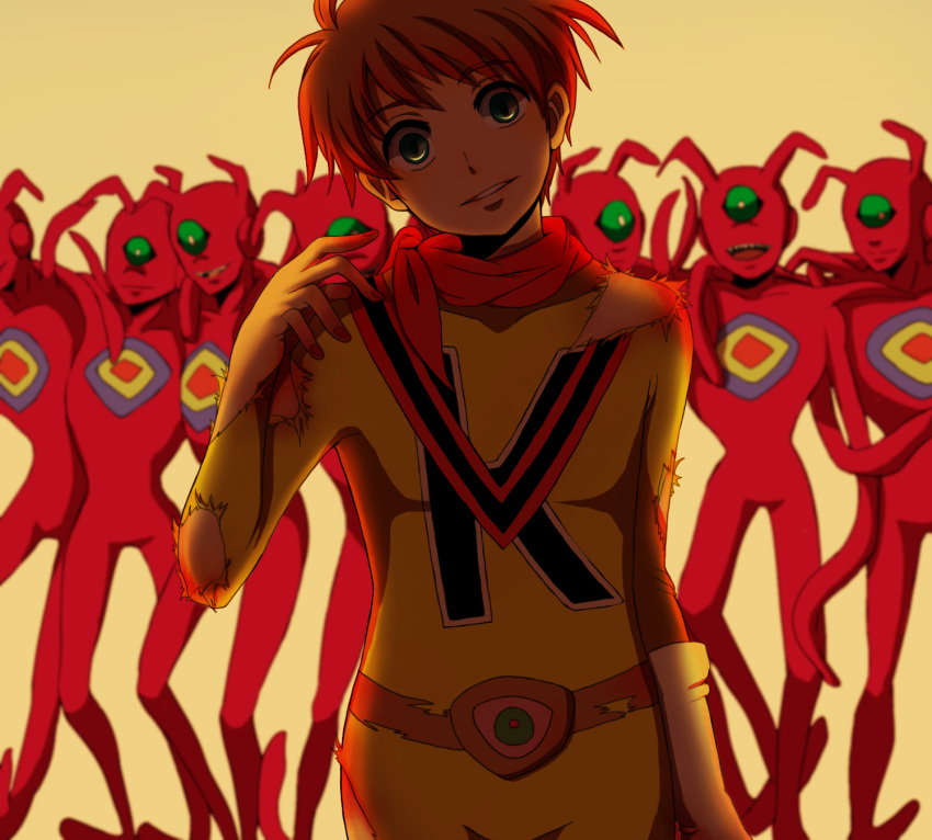 1boy alien bodysuit brown_hair chargeman_ken! crazy_eyes empty_eyes evil_smile gloves highres horror_(theme) izumi_ken jural light_smile looking_at_viewer male_focus mido_(byebyebye03) red_scarf scarf shadow simple_background smile torn_clothes white_gloves yellow_bodysuit