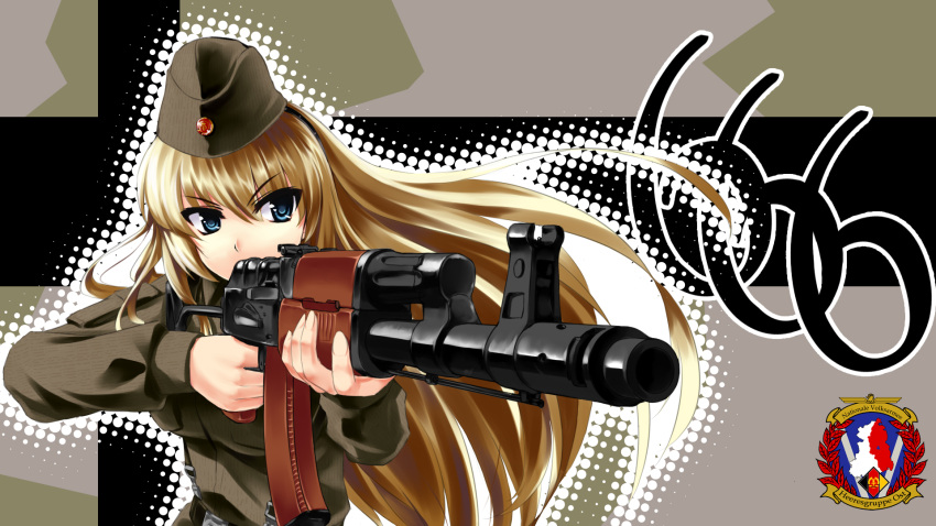 666 aiming ak-74 aks-74 assault_rifle blue_eyes brown_hair brown_hat brown_shirt commentary_request east_german emblem female folding_stock garrison_cap german_text gun hat hat_ornament highres holding holding_gun holding_weapon irisdina_bernhard kalashnikov_rifle light_brown_hair logo long_hair military military_hat military_uniform mizuki_(mizuki_ame) mpi-aks-74 multicolored_background muv-luv muv-luv_alternative nationale_volksarmee nva_uniform photoshop_(medium) rifle schwarzesmarken shirt soldier solo uniform upper_body weapon