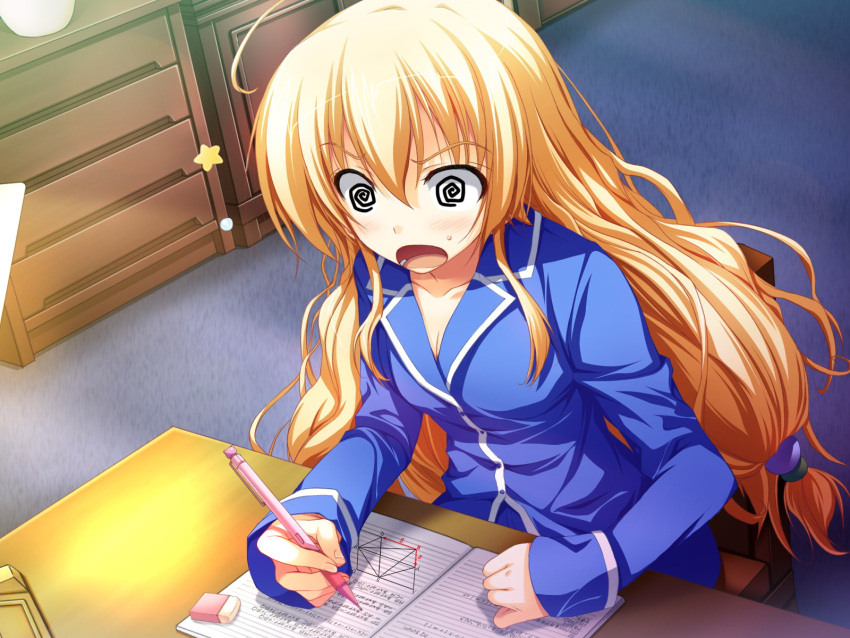 akatsuki_no_goei blonde_hair cleavage game_cg kurayashiki_tae long_hair pajamas tomose_shunsaku