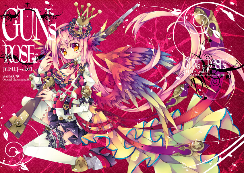 bad_id bad_pixiv_id belt black_skirt blonde_hair breasts cleavage crown facial_mark female full_body gold_crown gradient_hair gun heart heart_facial_mark highres long_hair medium_breasts miniskirt multicolored_hair multicolored_wings on_one_knee original photoshop_(medium) pink_hair pleated_skirt print_skirt puffy_sleeves red_footwear rifle sana.c shoes skirt slit_pupils smile solo thighhighs weapon white_thighhighs wings yellow_eyes