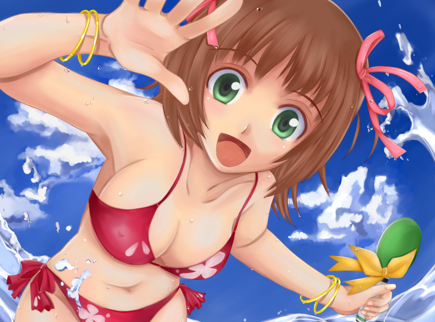 :d amami_haruka bikini bracelet brown_hair commentary_request female floral_print gravure_swimsuit_(idolmaster) green_eyes highres idolmaster idolmaster_(classic) instrument jewelry maracas open_mouth red_bikini short_hair side-tie_bikini_bottom smile solo splashing sugi_(shoufusha) swimsuit wet