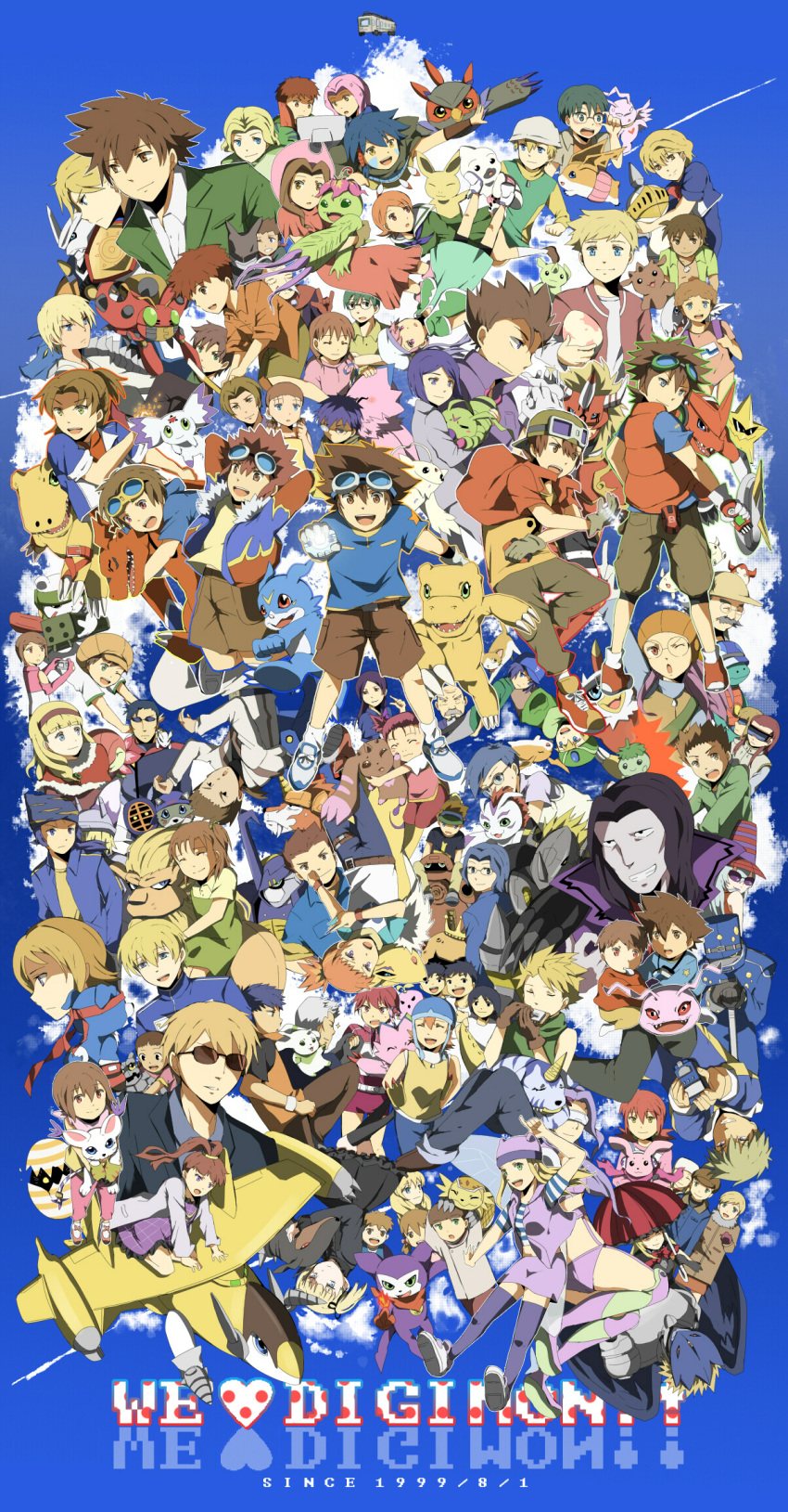 6+boys 6+girls absolutely_everyone agnimon agumon ai_(digimon_tamers) akiyama_ryo alice_mccoy amano_nene_(digimon_xros_wars) amano_yuu_(digimon_xros_wars) anna_(digimon_adventure) annotated aonuma_kiriha archnemon armadimon ballistamon bearmon beelzebumon betamon black_hair blackwargreymon blitzmon blonde_hair bokomon botamon broken_heart_print brown_hair catherine_deneuve chackmon chichos chocomon coelamon commentary_request copyright_name culumon cutemon cyberdramon daimon_chika daimon_masaru_(digimon_savers) daimon_suguru dats_uniform digignome digimon digimon_(creature) digimon_adventure digimon_adventure_02 digimon_frontier digimon_savers digimon_tamers digimon_xros_wars digitama digivice dingo_(digimon_adventure) dobermon dorulumon egg everyone fairimon falcomon floramon fujieda_yoshino gabumon gaomon gennai goggles goggles_on_head gomamon gottsumon guardromon guilmon gummymon hat hawkmon hida_chikara hida_iori highres himi_tomoki hinomoto_akari ichijouji_ken ichijouji_osamu impmon inoue_miyako ishida_yamato ivan_(digimon_savers) izumi_koshiro kamemon kanbara_takuya katou_juri kido_jo kido_shuu kimura_kouichi kitagawa_kenta koromon kotemon kudamon kudou_taiki kurosaki_miki lalamon lara_(digimon) lee_jianliang lee_shaochung leomon lopmon mailbirdramon makino_ruki makoto_(digimon_tamers) marinangemon matsuda_takato michael_(digimon_adventure) miko_(digimon_adventure) minamoto_kouji motomiya_daisuke multiple_boys multiple_girls mummymon nanami_(digimon) natsuki_(aisae) neamon noguchi_ikuto octomon odaiba_middle_school_uniform oikawa_yukio omegamon onodera_megumi ootori_reika orimoto_izumi palmon patamon pawnchessmon pawnchessmon_(white) pickmon pipimon piyomon poi_brothers red_hair relena_norstein renamon rhythm_(digimon_savers) satsuma_rentarou school_uniform shibayama_junpei shiota_hirokazu shirakawa_megumi shoutmon sparrowmon starmon sunglasses tachikawa_mimi tailmon takaishi_takeru takenouchi_sora tentomon terriermon touma_h._norstein tsubasa_kouki tsurugi_zenjirou uehara_minami urazoe_kai v-mon wallace_(digimon_adventure) wolfmon wormmon yagami_hikari yagami_taichi yamaki_mitsuo yuri_(digimon_adventure) yushima_hiroshi