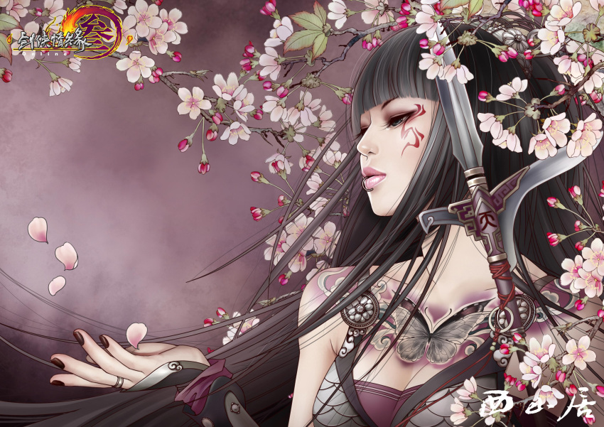 absurdres black_hair blunt_bangs bug butterfly dagger_axe female flower highres jianxia_qingyuan_(series) jianxia_qingyuan_online_3 lip_piercing lips long_hair nail_polish official_art piercing polearm solo spear tattoo tree weapon zhang_xiaobai