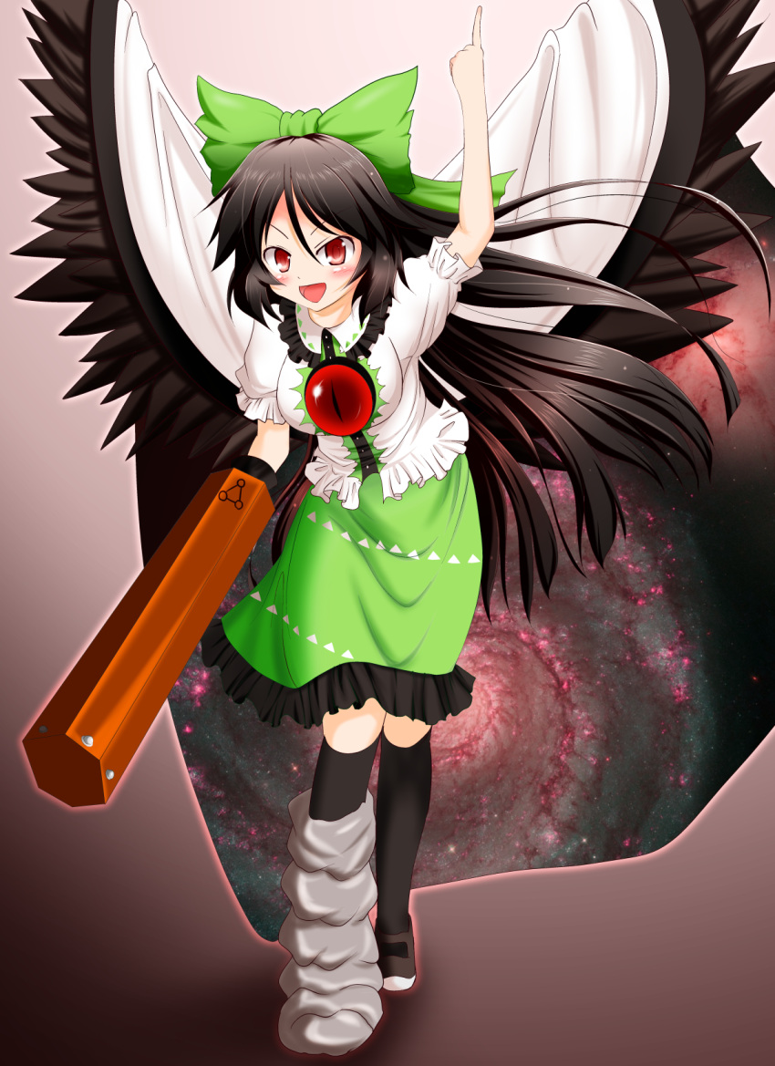 arm_cannon asymmetrical_footwear black_hair commentary_request female hair_ribbon highres honda_takaharu long_hair mismatched_footwear red_eyes reiuji_utsuho ribbon solo touhou weapon wings