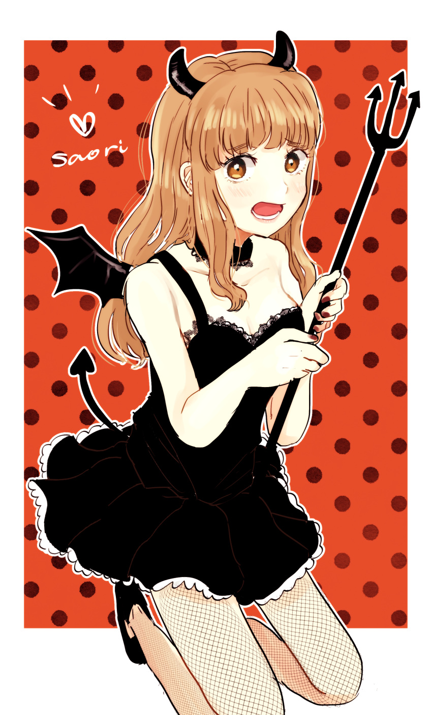 absurdres arai_ako black_choker black_dress black_footwear black_nails black_pantyhose blunt_bangs blush breasts bright_pupils character_name choker cleavage commentary_request demon_horns demon_tail demon_wings dress embarrassed female fishnet_pantyhose fishnets frown girls_und_panzer halloween_costume heart high_heels highres holding horns lace lace-trimmed_choker lace-trimmed_dress lace_trim long_hair looking_at_viewer medium_breasts nail_polish open_mouth orange_background orange_eyes orange_hair outline outside_border pantyhose partial_commentary polearm polka_dot polka_dot_background short_dress single_strap solo squatting tail takebe_saori trident weapon white_outline white_pupils wings