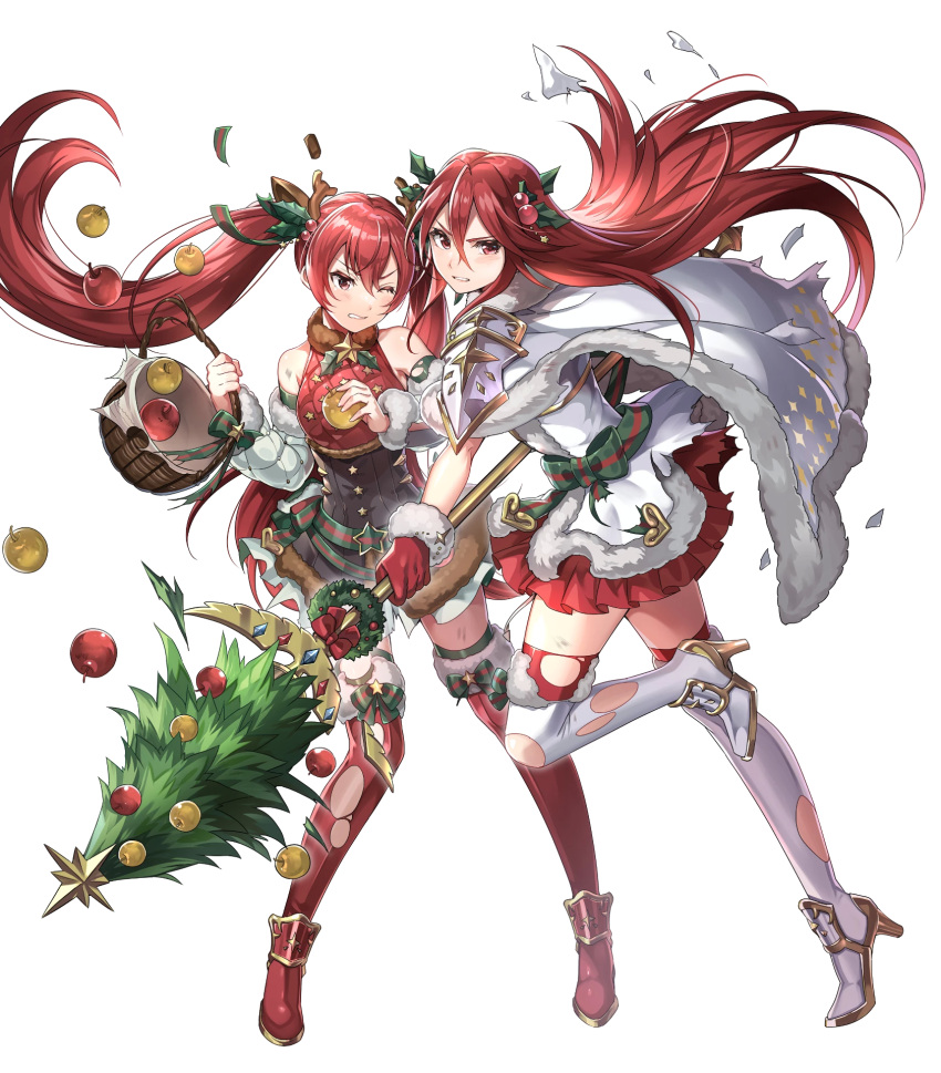 2girls animal_ears antlers apple armor bare_shoulders boots chachie christmas_ornaments cordelia_(fire_emblem) cordelia_(winter)_(fire_emblem) deer_antlers deer_ears fake_animal_ears fake_horns fire_emblem fire_emblem_awakening fire_emblem_fates fire_emblem_heroes food fruit full_body fur_trim gloves gold_trim highres holding holding_food horns leg_up long_hair looking_away multiple_girls non-web_source official_art red_eyes red_hair selena_(fire_emblem_fates) selena_(winter)_(fire_emblem_fates) skirt sleeveless thigh_boots thighhighs torn_clothes transparent_background twintails zettai_ryouiki