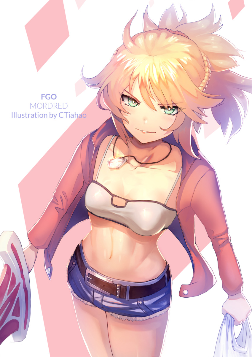 artist_name belt black_belt blonde_hair braid breasts character_name clarent_(fate) collarbone commentary copyright_name ctiahao denim denim_shorts fate/apocrypha fate/grand_order fate_(series) female green_eyes highres holding holding_sword holding_weapon jacket jewelry long_hair looking_at_viewer mordred_(fate) mordred_(fate/apocrypha) mordred_(memories_at_trifas)_(fate) necklace ponytail red_jacket shorts smile solo sword weapon