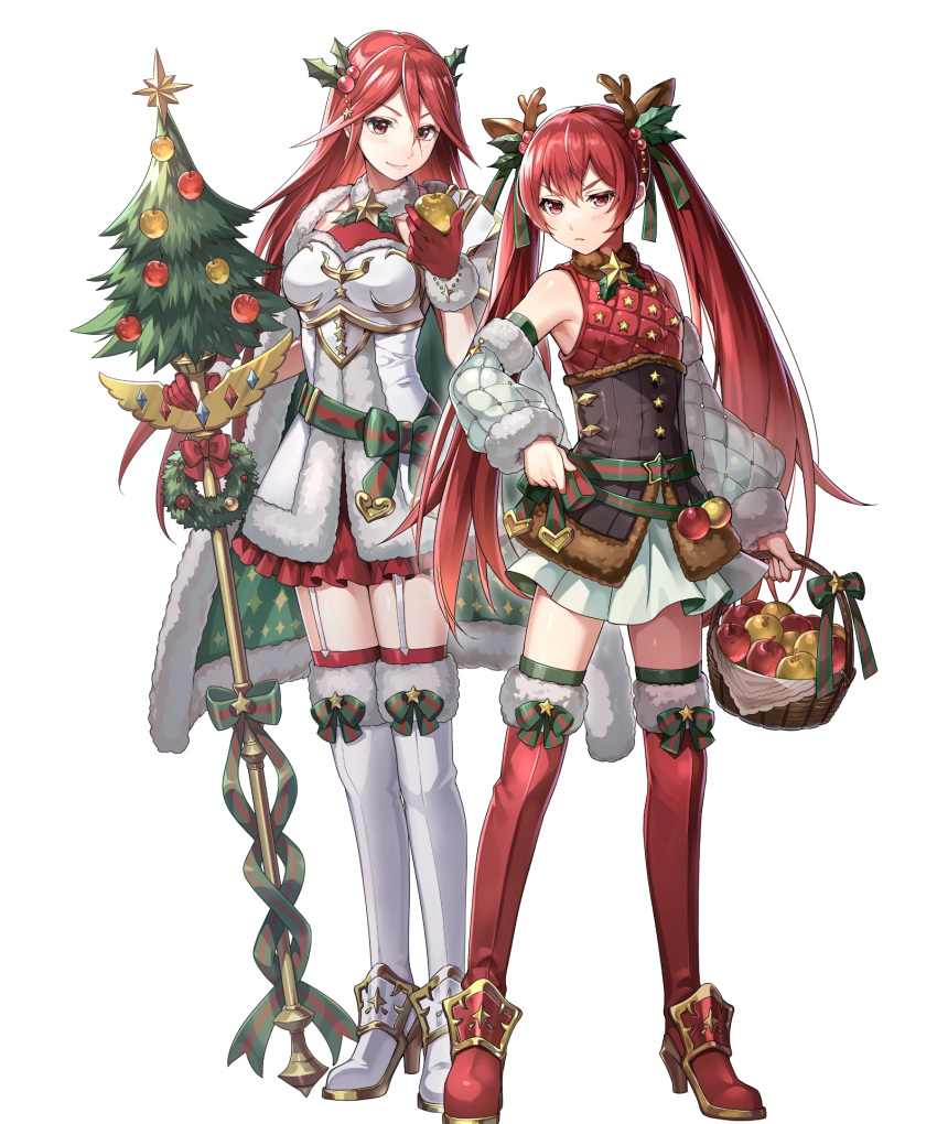 2girls animal_ears antlers apple arm_warmers armor bare_shoulders basket belt blush boots breastplate chachie christmas_ornaments cordelia_(fire_emblem) cordelia_(winter)_(fire_emblem) deer_antlers deer_ears detached_collar fake_animal_ears fake_horns fire_emblem fire_emblem_awakening fire_emblem_fates fire_emblem_heroes food fruit full_body fur_trim gloves gold_trim hair_ornament hand_on_own_hip high_heels highres holding horns lips long_hair looking_at_viewer multiple_girls non-web_source official_art red_eyes red_hair ribbon selena_(fire_emblem_fates) selena_(winter)_(fire_emblem_fates) skirt sleeveless smile standing thigh_boots thighhighs transparent_background twintails zettai_ryouiki