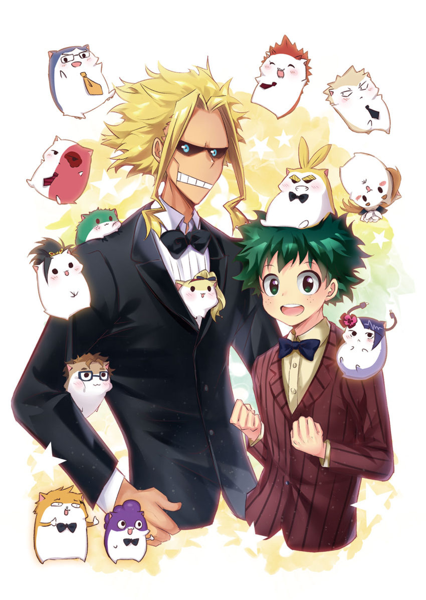 2boys all_might animal_on_head animalization bakugou_katsuki black_bow black_bowtie black_hair black_jacket black_necktie blonde_hair blue_bow blue_bowtie boku_no_hero_academia bow bowtie brown_hair brown_shirt burn_scar clenched_hands collared_shirt colored_skin cropped_torso david_shield dress_shirt flower formal freckles green_hair grin hair_flower hair_ornament hamster highres iida_tenya jacket jirou_kyouka kaminari_denki kirishima_eijirou lliissaawwuu2 long_hair long_sleeves male_focus melissa_shield midoriya_izuku mineta_minoru multicolored_skin multiple_boys necktie on_head red_jacket scar shirt short_hair sitting smile star_(symbol) striped_clothes striped_jacket teeth todoroki_shouto two-tone_skin uraraka_ochako white_background white_shirt yagi_toshinori yaoyorozu_momo