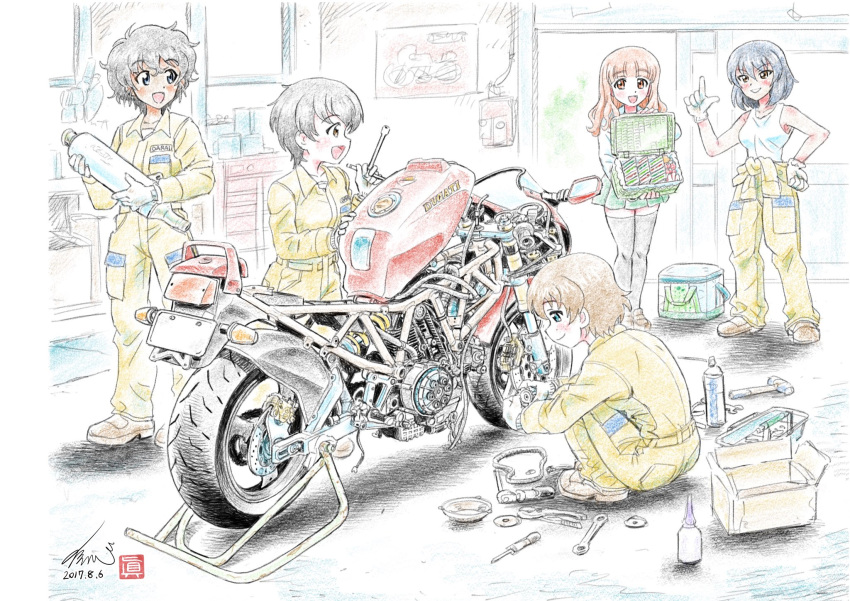 5girls artist_logo artist_name black_hair black_legwear blouse blue_eyes blunt_bangs brown_eyes brown_footwear brown_hair clothes_around_waist colored_pencil_(medium) commentary_request dark-skinned_female dark_skin dated ducati freckles girls_und_panzer gloves green_eyes green_skirt hand_on_own_hip highres hoshino_(girls_und_panzer) indoors jumpsuit kubota_shinji loafers long_hair long_sleeves looking_at_another looking_back mechanic miniskirt motor_vehicle motorcycle multiple_girls nakajima_(girls_und_panzer) ooarai_school_uniform open_mouth orange_eyes orange_hair orange_jumpsuit pleated_skirt pliers pointing pointing_up school_uniform screwdriver serafuku shirt shoes short_hair signature skirt smile squatting standing suzuki_(girls_und_panzer) takebe_saori tank_top thighhighs toolbox traditional_media tsuchiya_(girls_und_panzer) uniform white_gloves white_shirt wrench