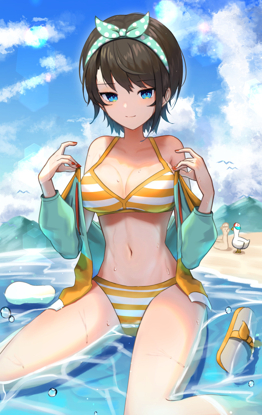 absurdres ao_ne bad_id bad_pixiv_id bikini bird black_hair blue_eyes blue_hairband blue_sky breasts cleavage cloud day duck female hairband highres hololive navel oozora_subaru oozora_subaru_(hololive_summer_2019) open_clothes outdoors partially_submerged polka_dot_hairband sandals short_hair sitting sky stomach striped_bikini striped_clothes subaru_duck swept_bangs swimsuit unworn_sandals virtual_youtuber wariza water yellow_bikini