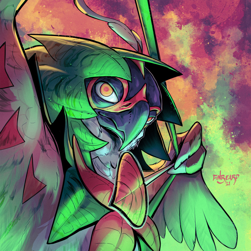 absurdres arrow_(projectile) bad_id bad_pixiv_id beak bird closed_mouth commentary_request commission decidueye feather_hair feathers finbeard green_feathers highres holding holding_arrow no_humans orange_eyes owl plume pokemon pokemon_(creature) signature solo white_feathers winged_arms wings