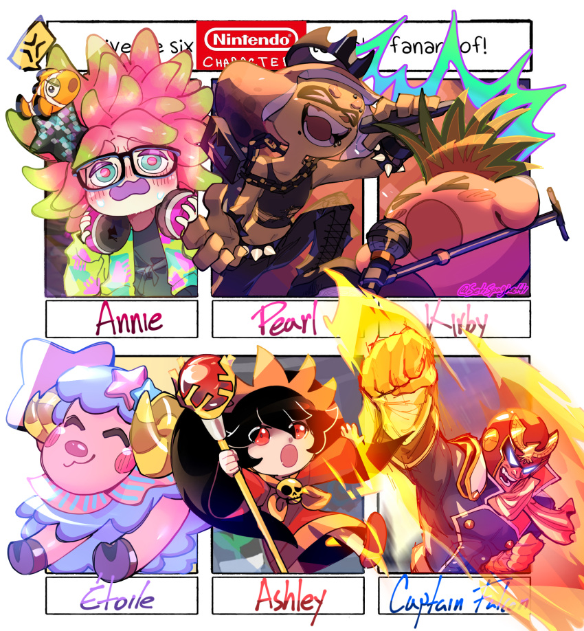 >_< 2boys 4girls :3 ^_^ animal_crossing annie_(splatoon) ashley_(warioware) blush_stickers bracelet captain_falcon chain_necklace chains character_name clenched_hand closed_eyes clownfish commentary company_connection copy_ability crown dress english_commentary etoile_(animal_crossing) f-zero fangs fish glasses gloves glowing glowing_eyes headphones helmet highres hooves inkling jewelry kirby kirby_(series) microphone microphone_stand mike_kirby moe_(splatoon) mohawk mole mole_under_mouth multiple_boys multiple_drawing_challenge multiple_girls music necklace nintendo outside_border pearl_(splatoon) scarf sea_anemone setispaghetti singing six_fanarts_challenge spiked_bracelet spikes splatoon_(series) splatoon_1 splatoon_2 tank_top tentacle_hair tiara tropical_fish twintails warioware