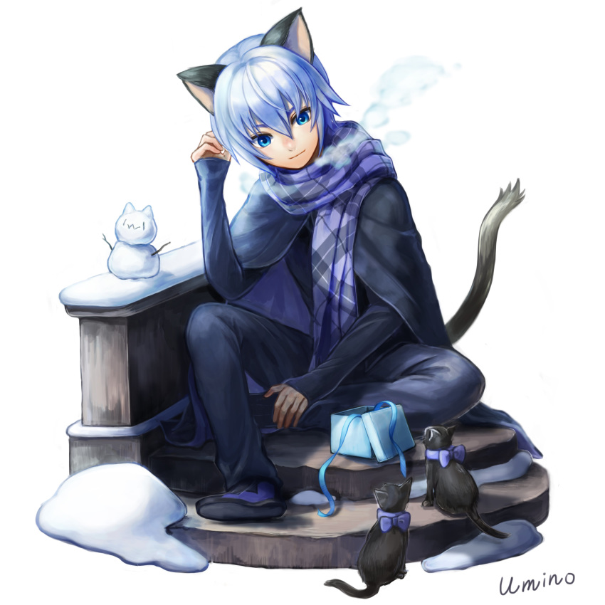 1boy absurdres animal_ears artist_name bad_id bad_twitter_id black_cat blue_eyes blue_hair breath cat_boy cat_ears cat_tail feline full_body hair_between_eyes highres ledo_vassar light_blue_hair male_focus pop-up_story scarf simple_background smile snow snow_sculpture tail umino_kiri white_background