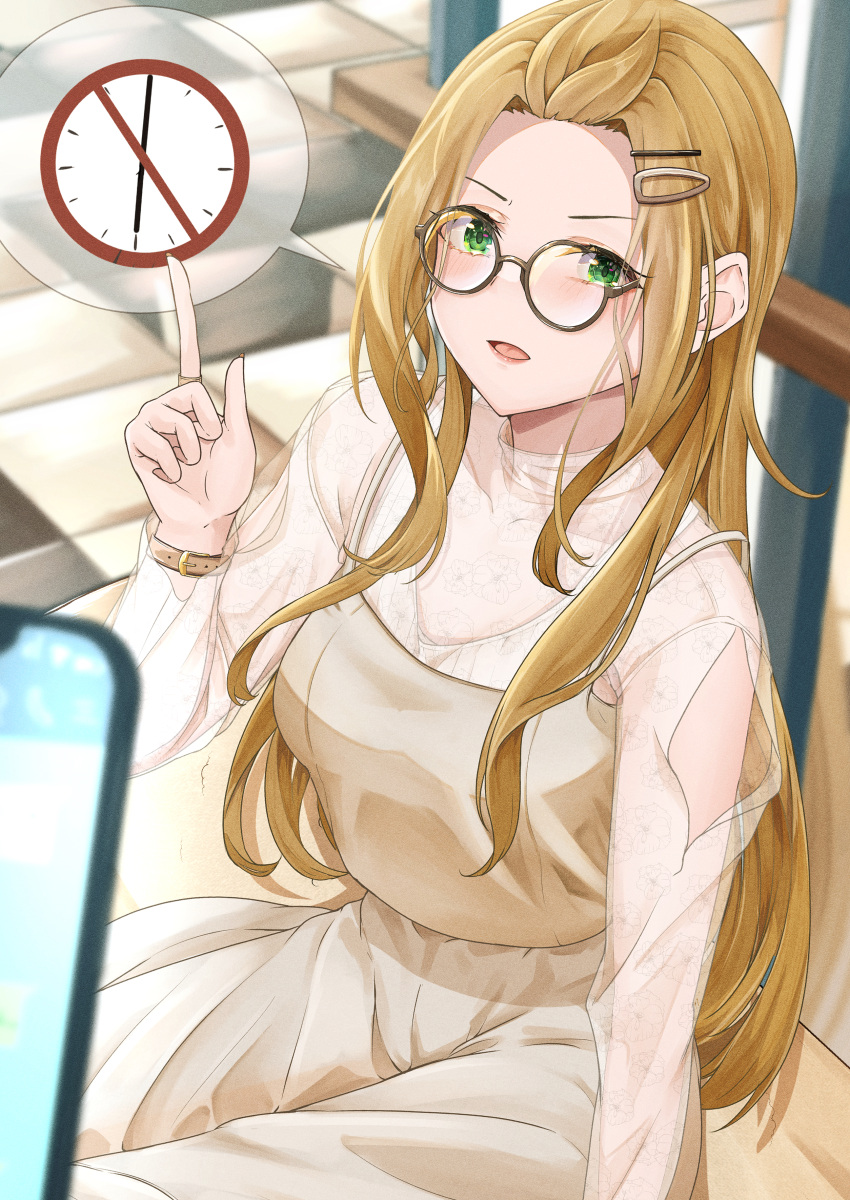 1other absurdres bespectacled black-framed_eyewear blurry blurry_foreground breasts brown_hair cellphone depth_of_field dress female forehead glasses green_eyes green_hair highres idolmaster idolmaster_million_live! izuminnu long_hair looking_at_viewer medium_breasts nikaidou_chizuru phone pinafore_dress pov round_eyewear see-through see-through_shirt shirt sidelocks sitting sleeveless sleeveless_dress solo_focus spoken_object straight_hair very_long_hair watch wristwatch