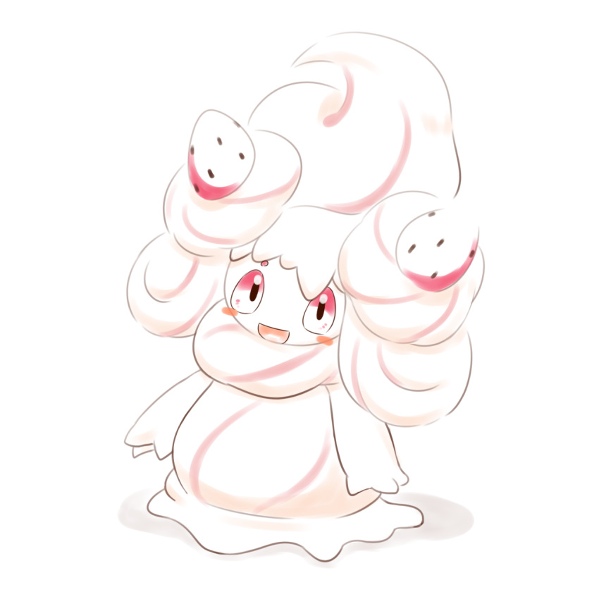 1:1 2019 alacarte alcremie ambiguous_gender blush food food_creature food_hair generation_8_pokemon hi_res nintendo open_mouth open_smile pokemon pokemon_(species) pseudo_hair semi-anthro simple_background smile solo