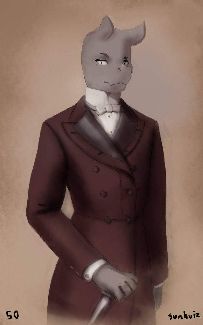 absurd_res anthro bow_tie demon formal_wear frock_coat half-length_portrait hi_res looking_at_viewer louis_(sunhuiz) male monochrome portrait sepia solo sunhuiz