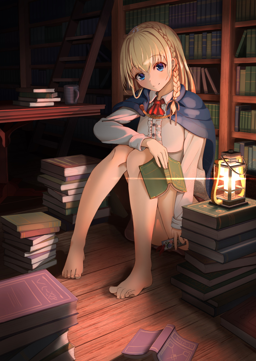 absurdres ass barefoot blonde_hair blue_eyes book braid commentary_request female hair_ribbon highres holding library long_hair long_sleeves looking_at_viewer nyoon original ribbon sitting skirt smile solo